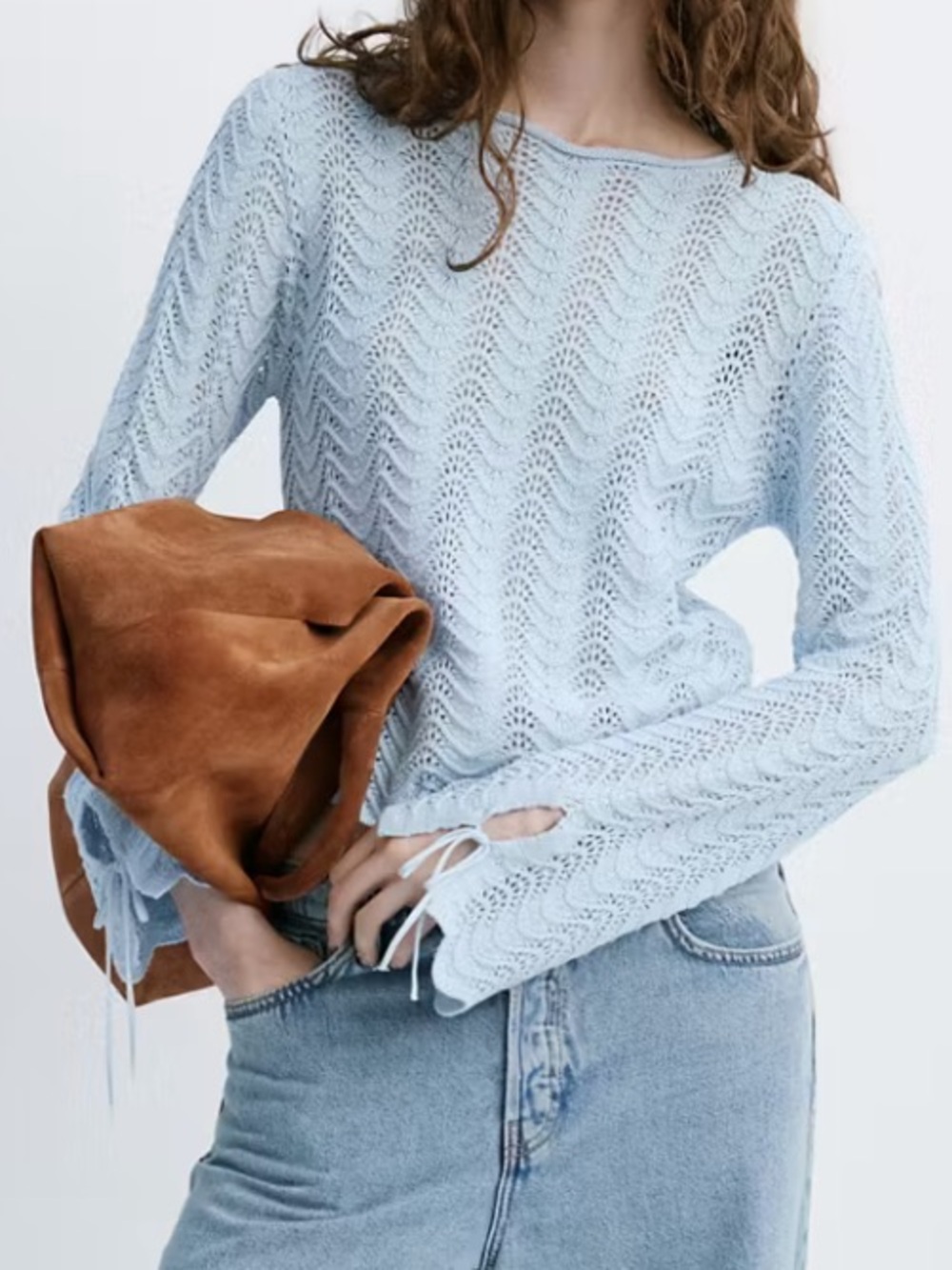 Mango Pale Blue Openwork Knit Long-Sleeve Top SWEATER WITH SLIT SLEEVES 7149